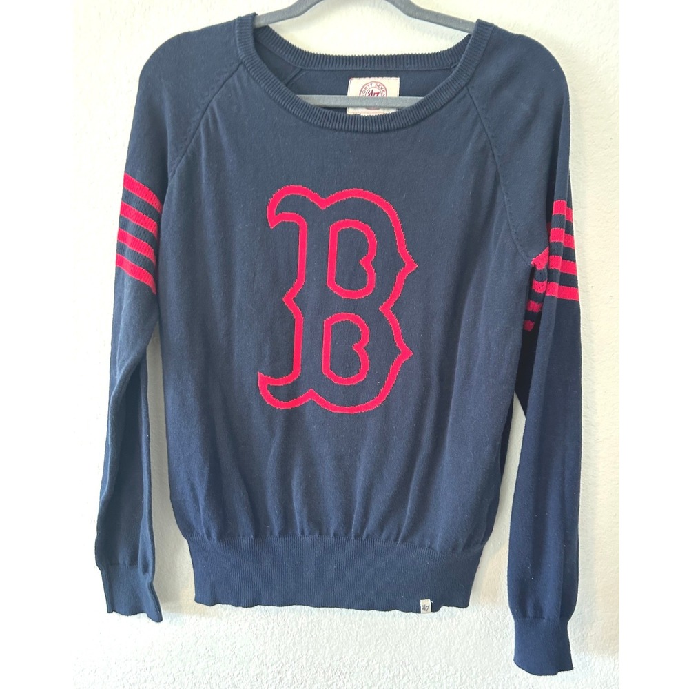 Boston Red Sox '47 Brand Navy Crewneck Sweater Varsity Stripe Logo Pullover SZ L